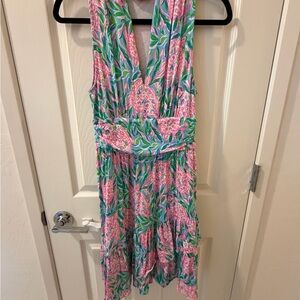 Lilly Pulitzer Pink & Green Sleeveless V-Neck Floral Midi Dress